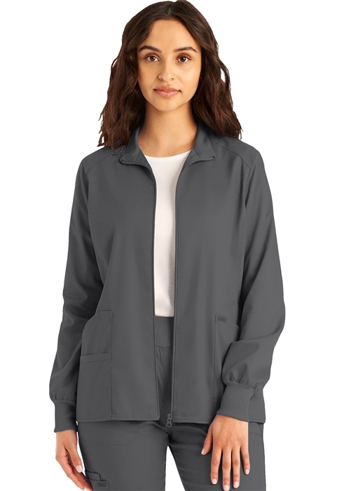 Landau ProFlex Women's Scrub Jacket with pockets and mock neck, ideal healthcare uniform.