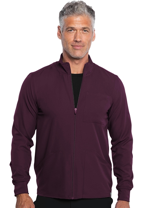 Men's Zip Front Scrub Jacket by Med Couture in black, modern fit healthcare uniform.